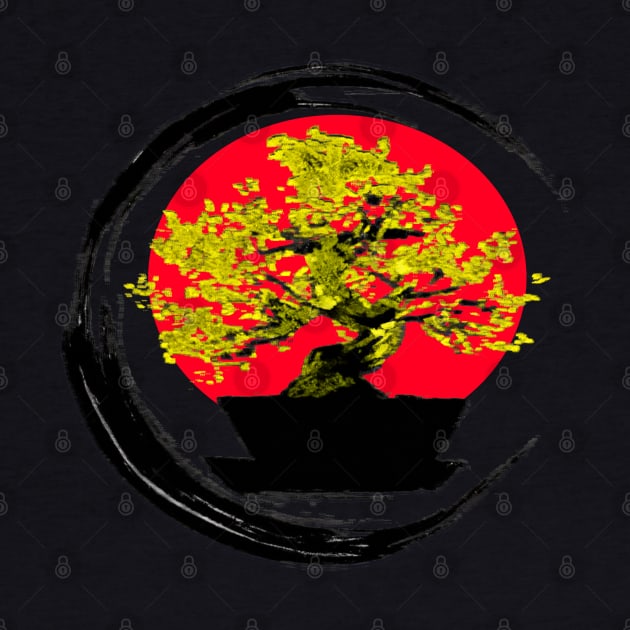 Golden bonsai on a rising sun - Sumi inspired enso circle brushstroke tree by Trippy Critters